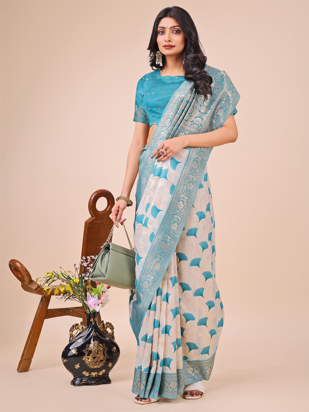 Teal Colour Linen Cotton Saree Printed work With Blouse Piece