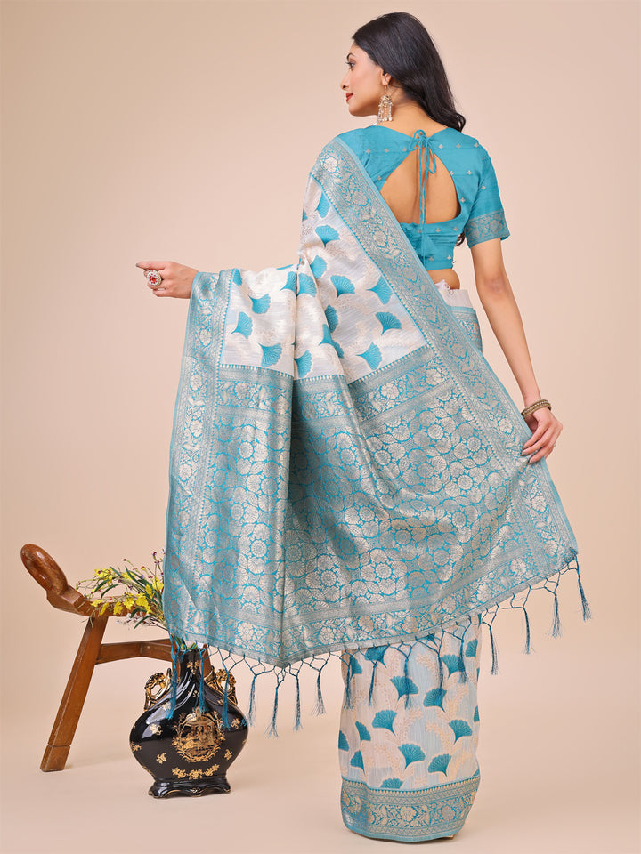Teal Colour Linen Cotton Saree Printed work With Blouse Piece