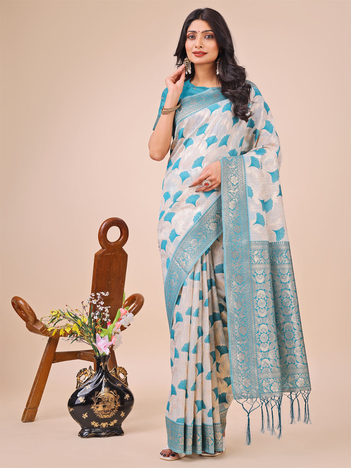 Teal Colour Linen Cotton Saree Printed work With Blouse Piece