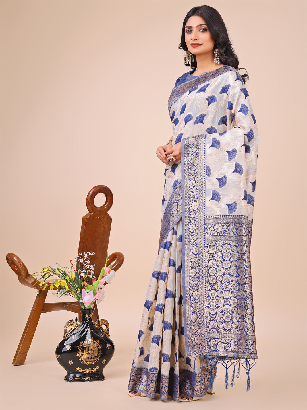 Blue Colour Linen Cotton Saree Printed work With Blouse Piece