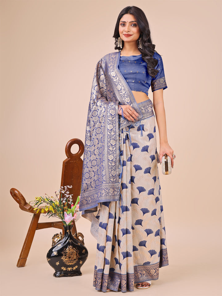Blue Colour Linen Cotton Saree Printed work With Blouse Piece