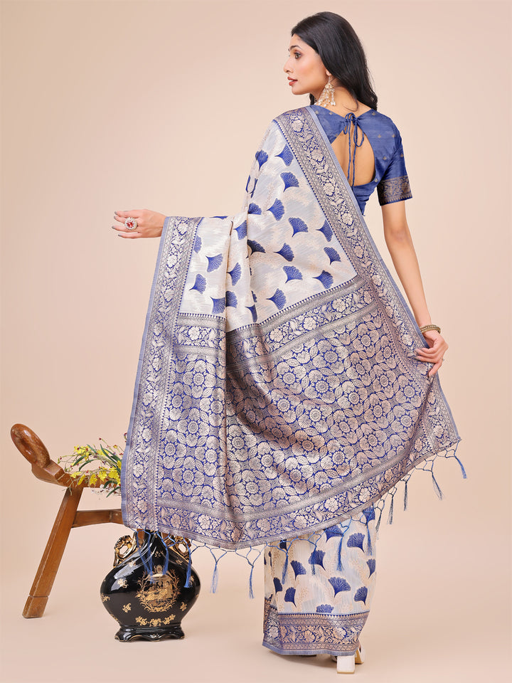 Blue Colour Linen Cotton Saree Printed work With Blouse Piece