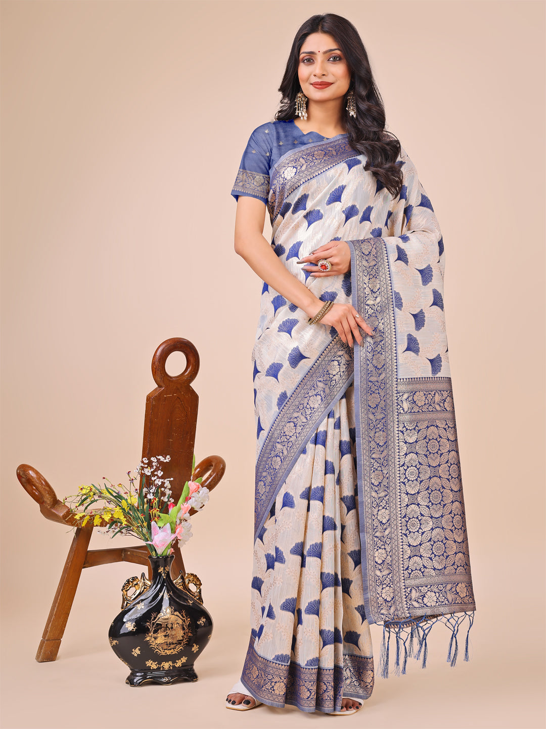 Blue Colour Linen Cotton Saree Printed work With Blouse Piece