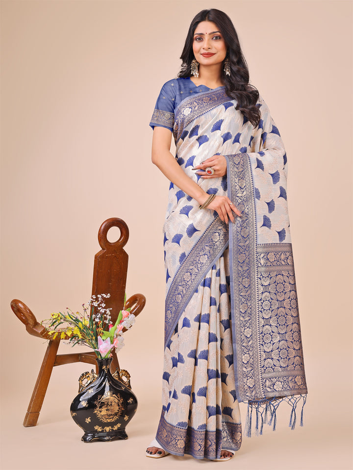 Blue Colour Linen Cotton Saree Printed work With Blouse Piece