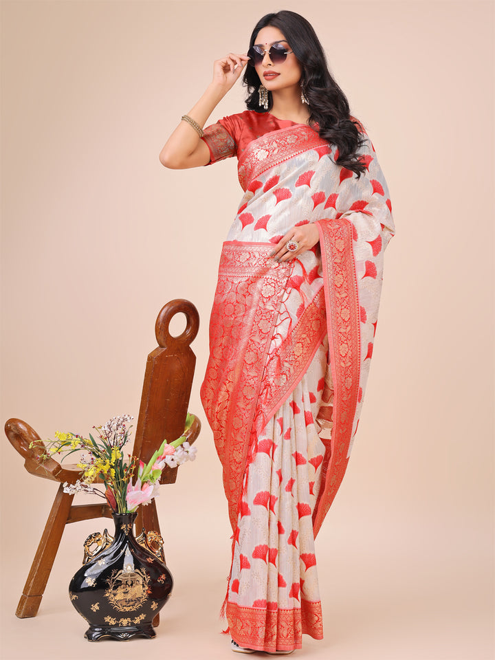 Red Colour Linen Cotton Saree Printed work With Blouse Piece