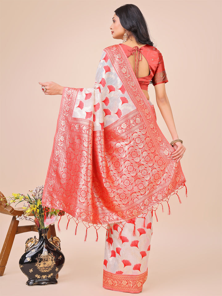 Red Colour Linen Cotton Saree Printed work With Blouse Piece