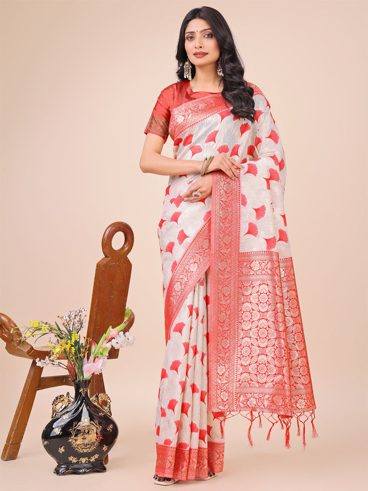 Red Colour Linen Cotton Saree Printed work With Blouse Piece