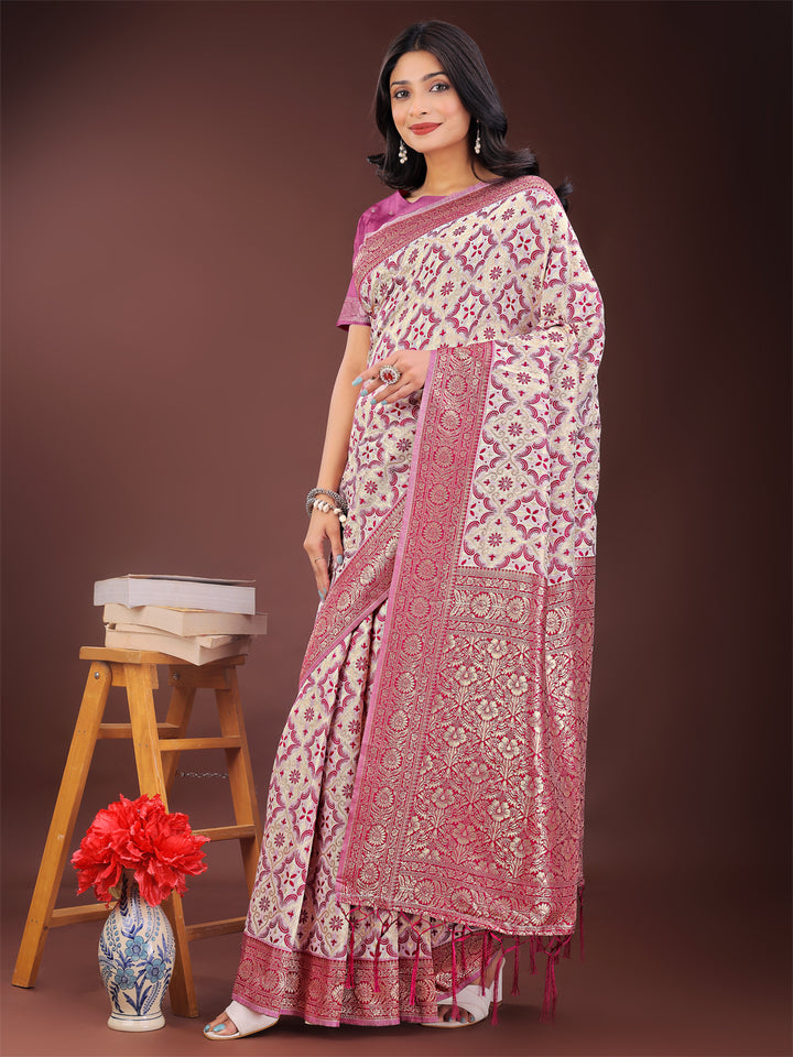 Pink Colour Linen Cotton Saree Printed Work With Blouse Piece