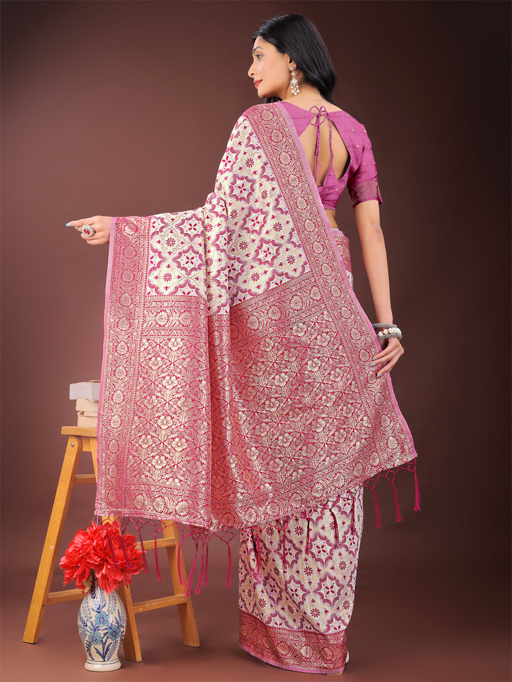 Pink Colour Linen Cotton Saree Printed Work With Blouse Piece