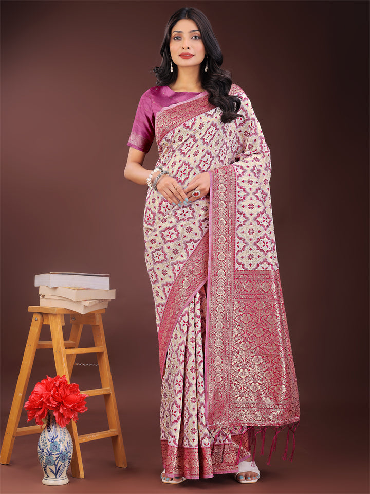 Pink Colour Linen Cotton Saree Printed Work With Blouse Piece