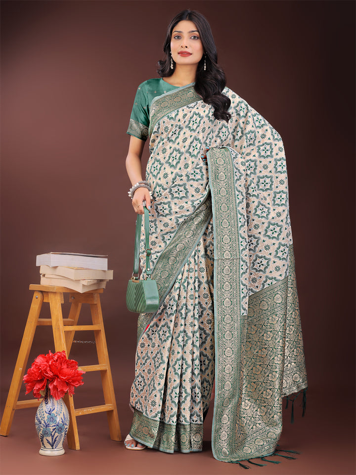 Green Colour Linen Cotton Saree Printed Work With Blouse Piece