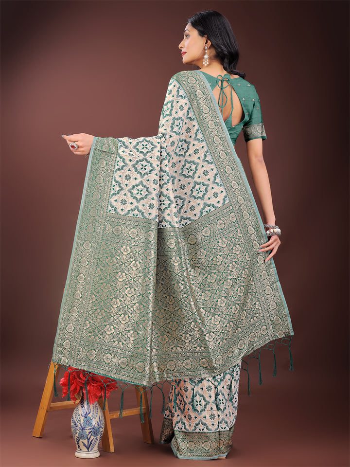 Green Colour Linen Cotton Saree Printed Work With Blouse Piece