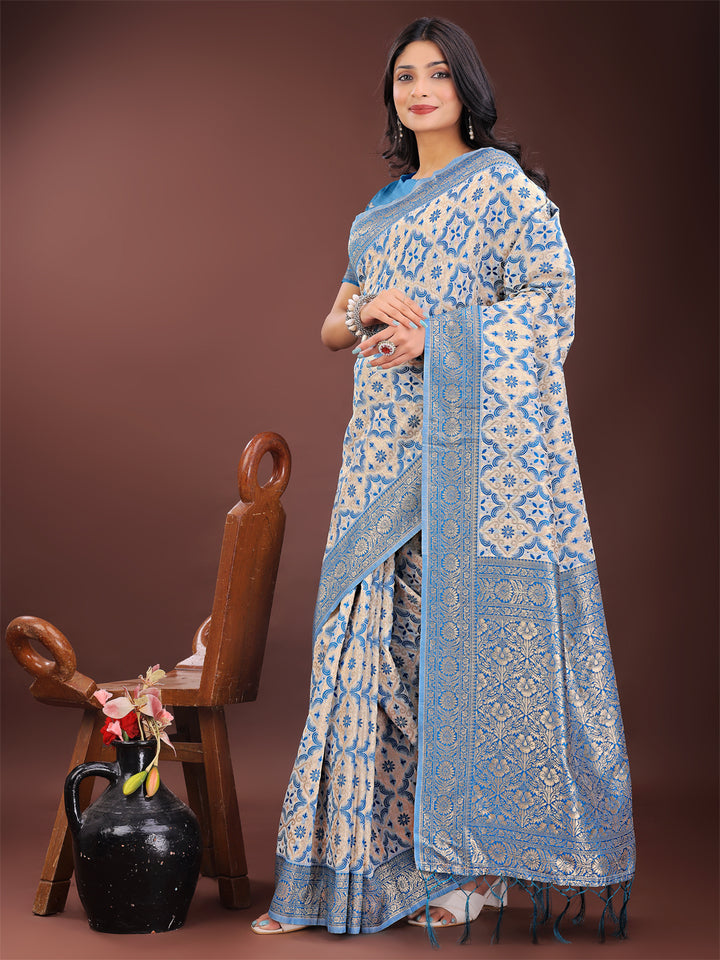 Sky Blue Colour Linen Cotton Saree Printed Work With Blouse Piece