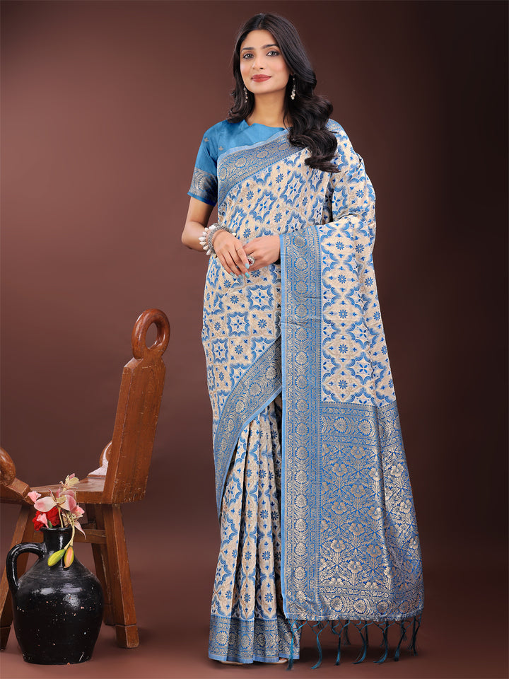 Sky Blue Colour Linen Cotton Saree Printed Work With Blouse Piece