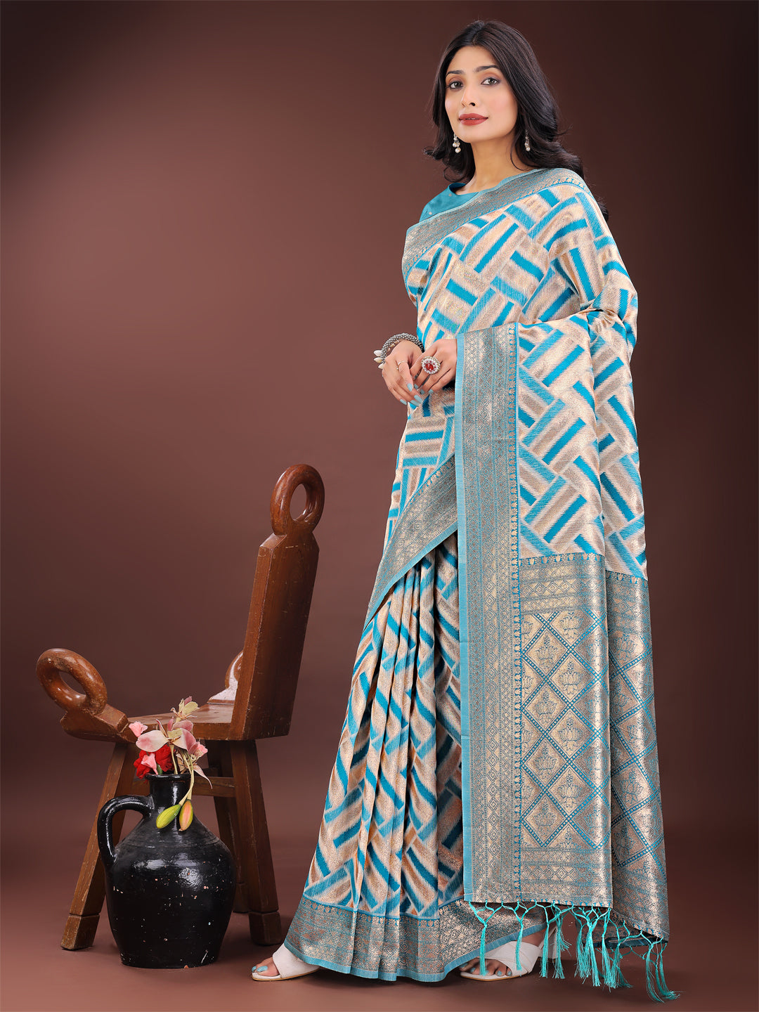 Sea Green Colour Linen Cotton Saree Printed Work With Blouse Piece