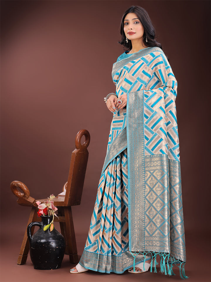 Sea Green Colour Linen Cotton Saree Printed Work With Blouse Piece