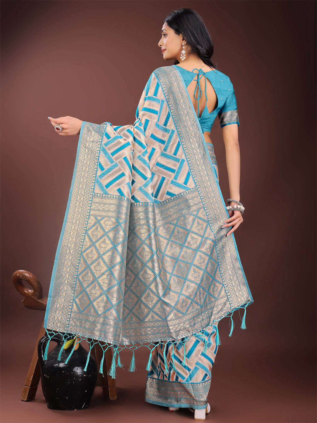 Sea Green Colour Linen Cotton Saree Printed Work With Blouse Piece