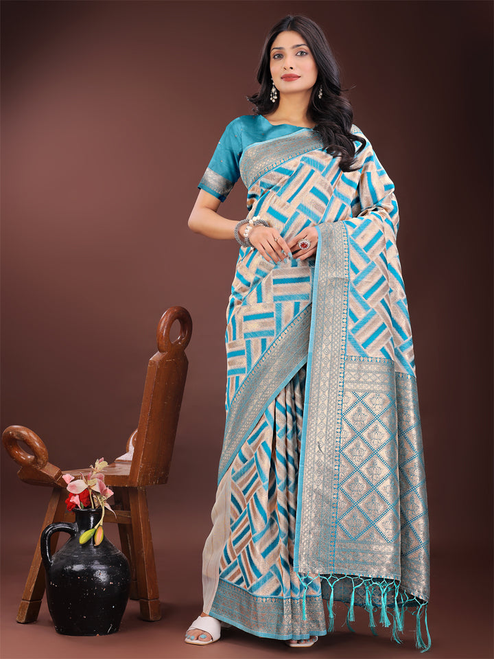 Sea Green Colour Linen Cotton Saree Printed Work With Blouse Piece