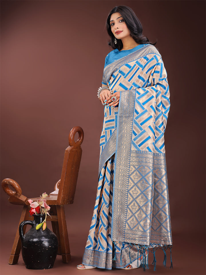 Sky Blue Colour Linen Cotton Saree Printed Work With Blouse Piece