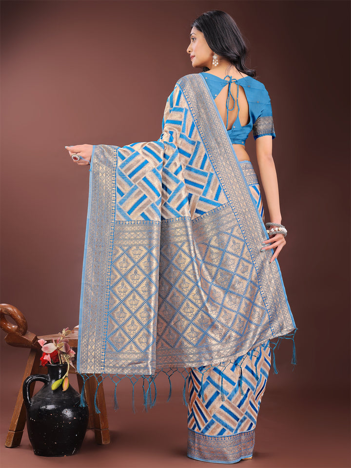 Sky Blue Colour Linen Cotton Saree Printed Work With Blouse Piece