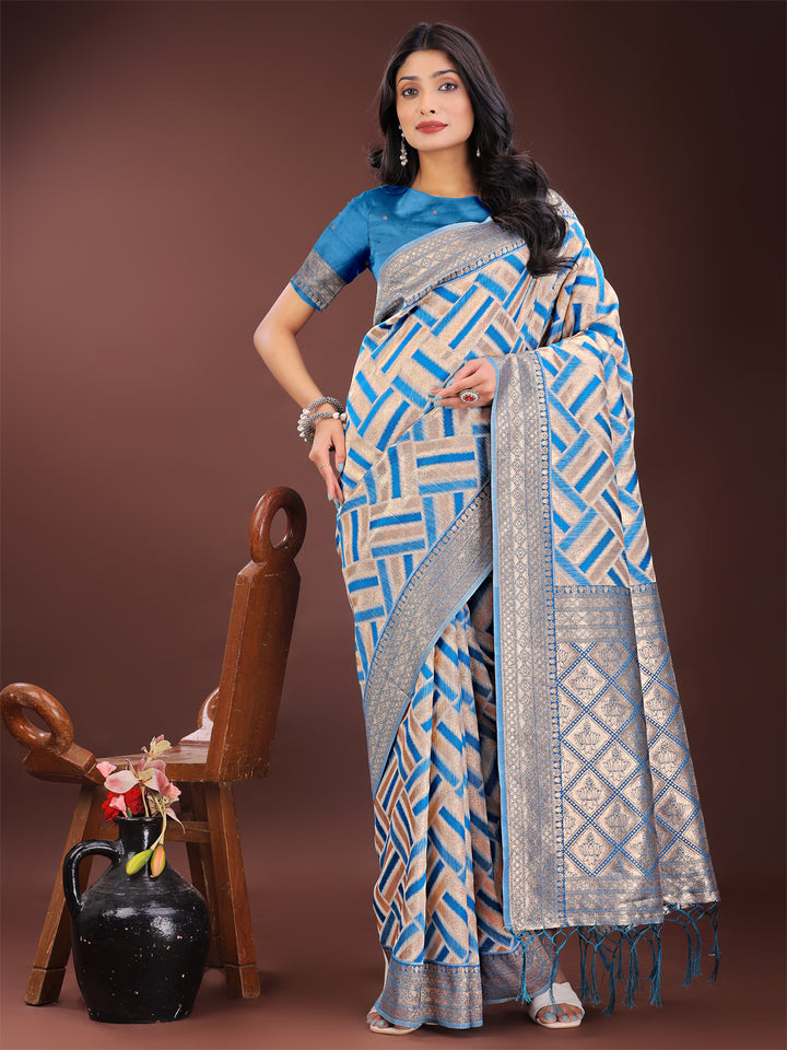Sky Blue Colour Linen Cotton Saree Printed Work With Blouse Piece