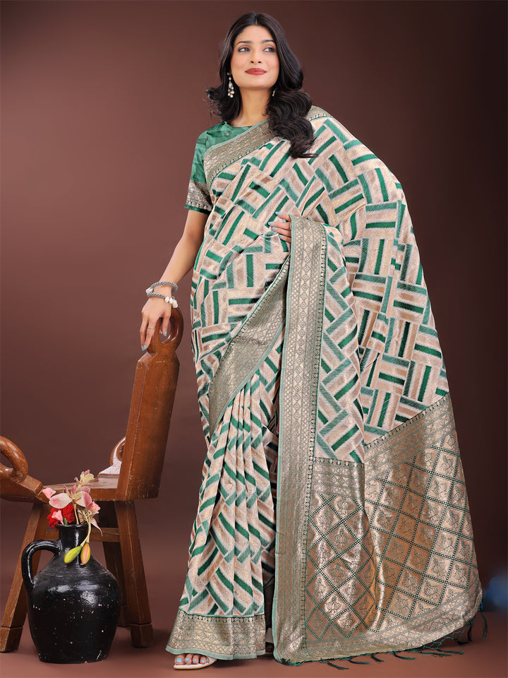 Green Colour Linen Cotton Saree Printed Work With Blouse Piece