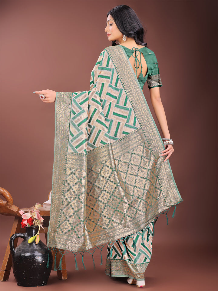 Green Colour Linen Cotton Saree Printed Work With Blouse Piece
