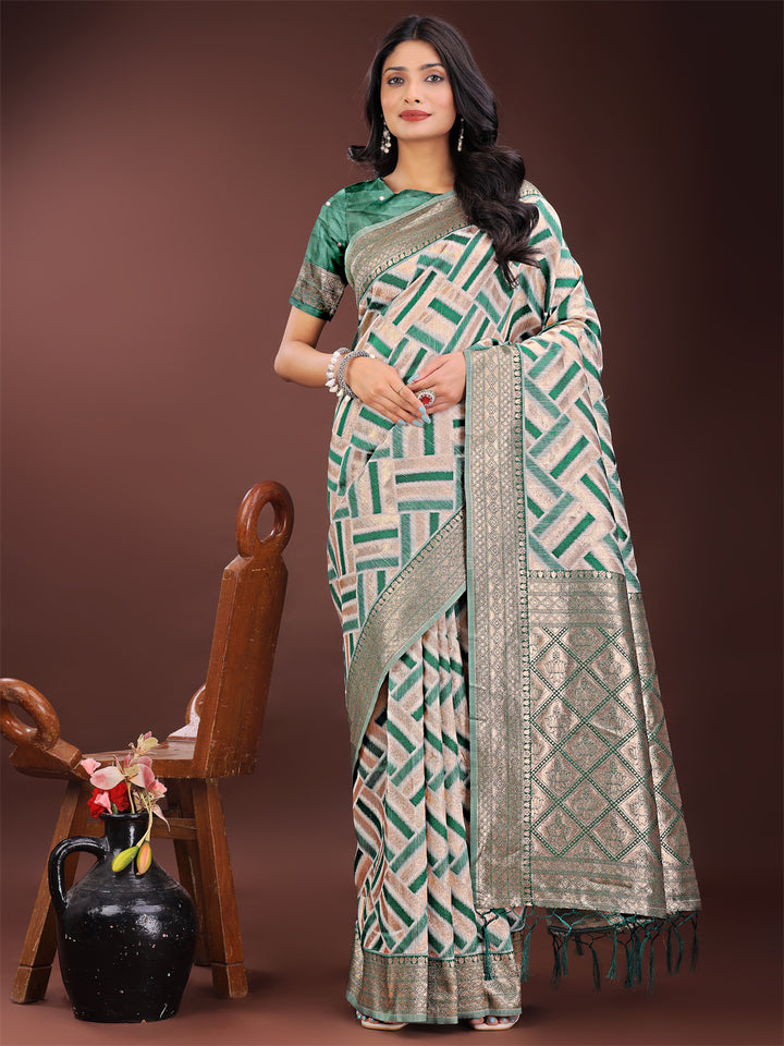 Green Colour Linen Cotton Saree Printed Work With Blouse Piece