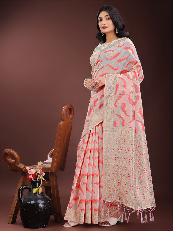 Peach Colour Linen Cotton Saree Printed Work With Blouse Piece