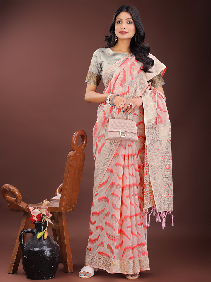 Peach Colour Linen Cotton Saree Printed Work With Blouse Piece