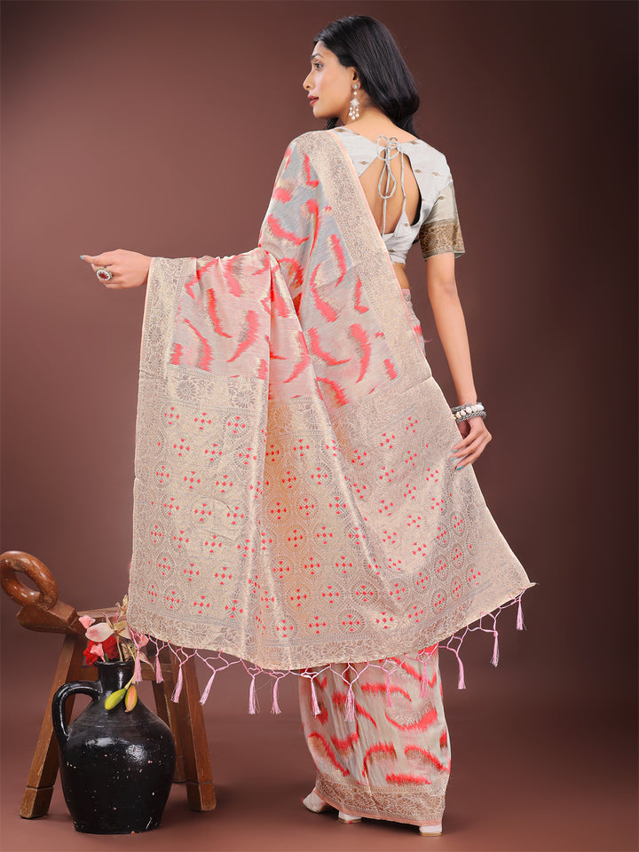 Peach Colour Linen Cotton Saree Printed Work With Blouse Piece