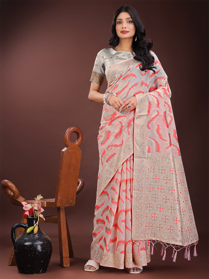Peach Colour Linen Cotton Saree Printed Work With Blouse Piece