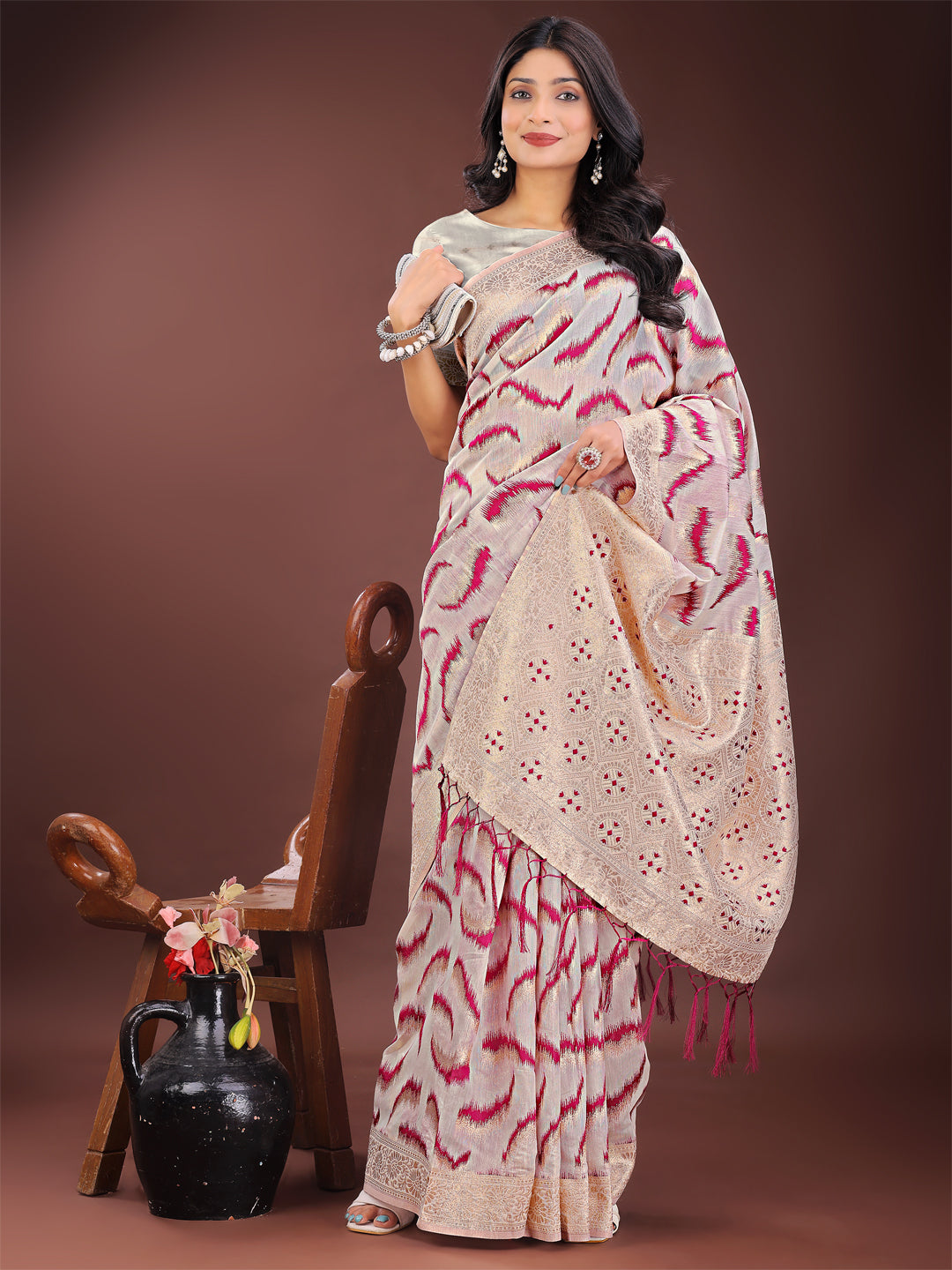 Purple Colour Linen Cotton Saree Printed Work With Blouse Piece