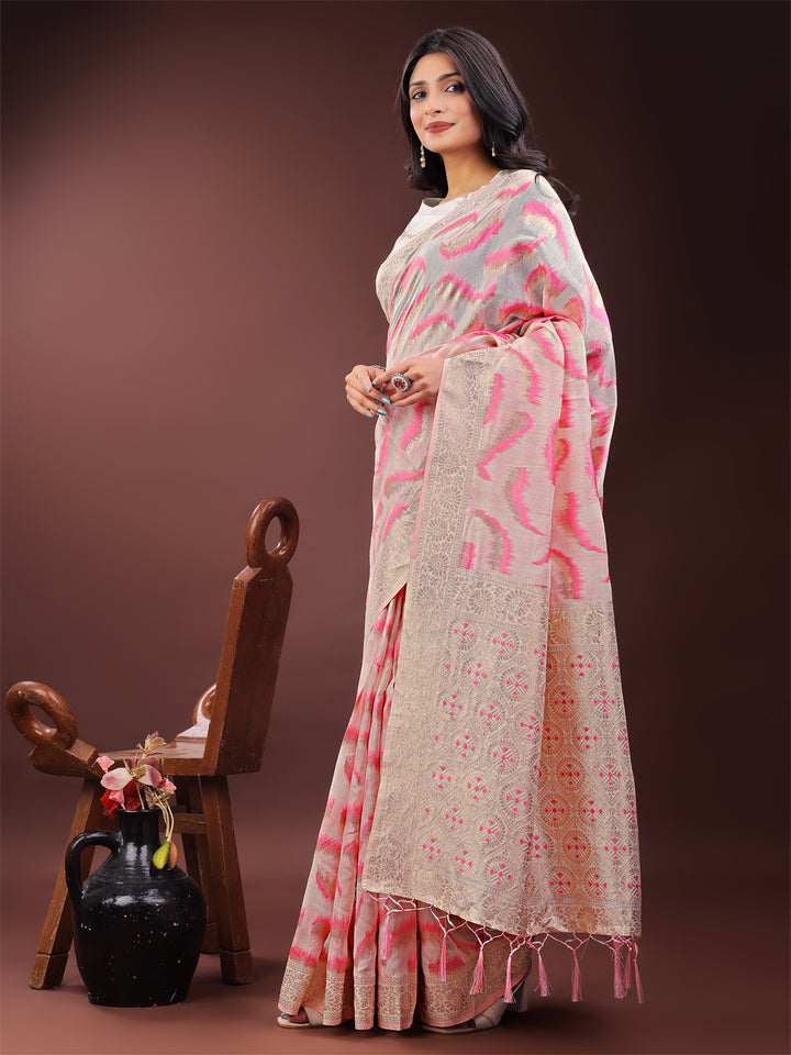 Light Pink Colour Linen Cotton Saree Printed Work With Blouse Piece