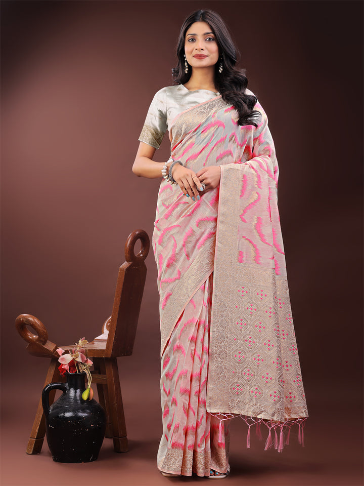 Light Pink Colour Linen Cotton Saree Printed Work With Blouse Piece