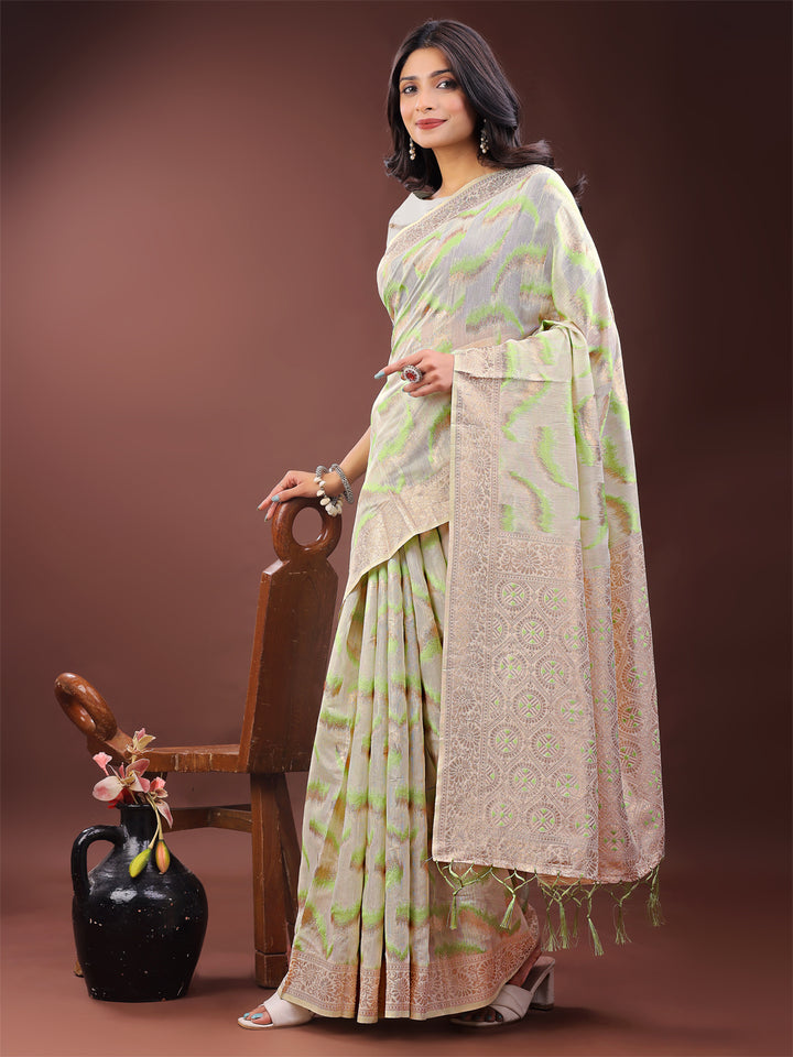 Light Green Colour Linen Cotton Saree Printed Work With Blouse Piece
