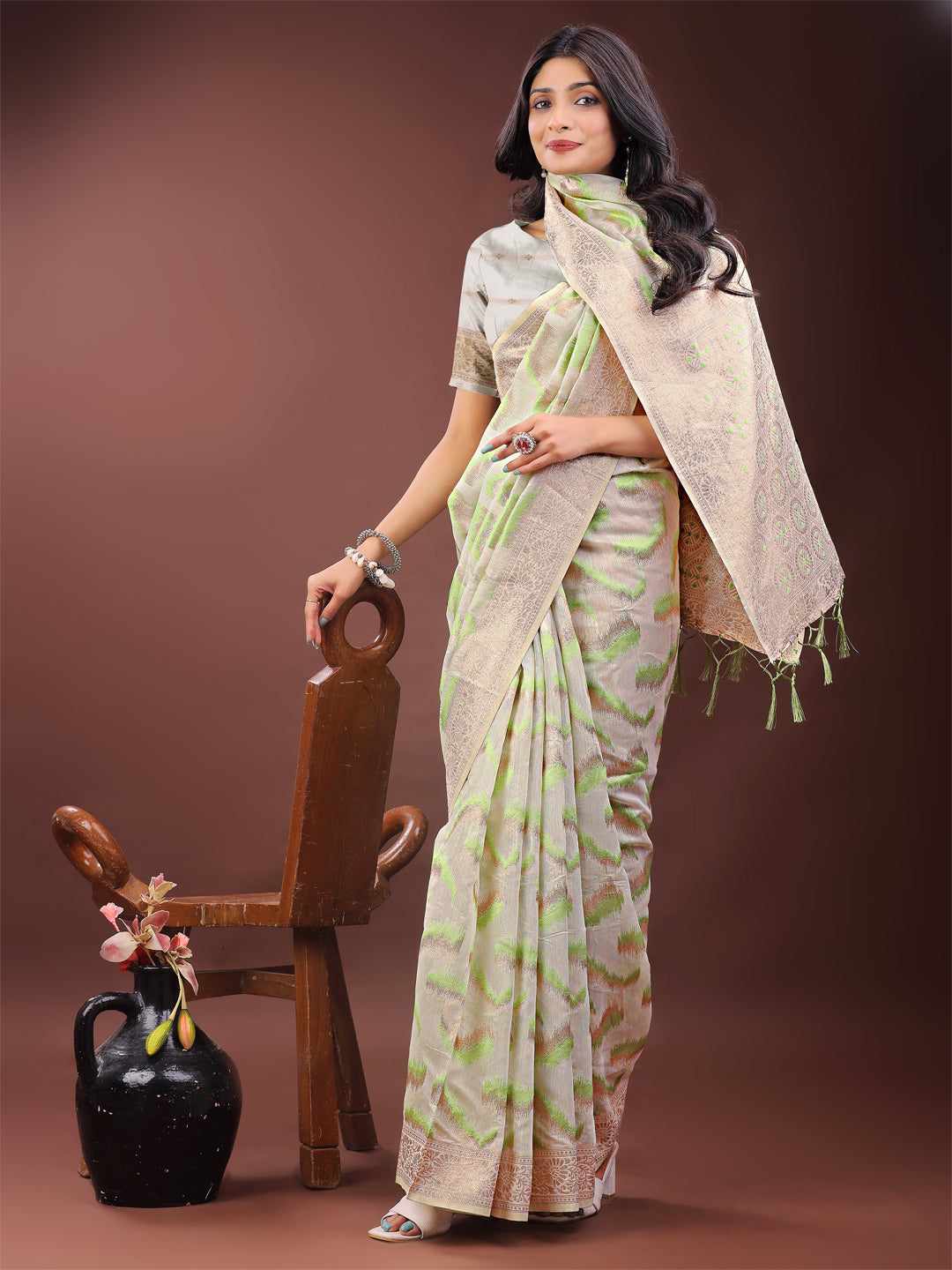 Light Green Colour Linen Cotton Saree Printed Work With Blouse Piece