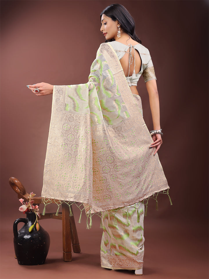 Light Green Colour Linen Cotton Saree Printed Work With Blouse Piece