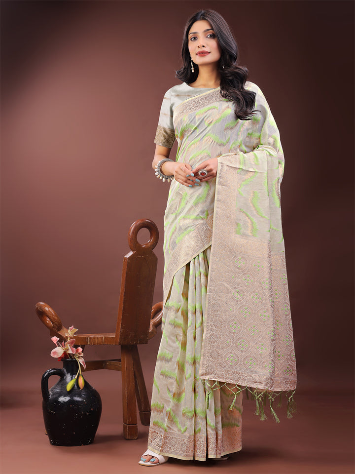 Light Green Colour Linen Cotton Saree Printed Work With Blouse Piece