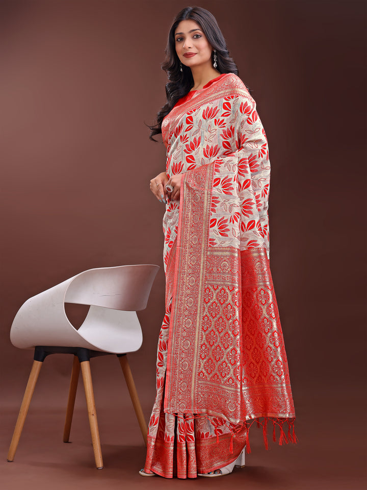 Red Colour Linen Cotton Saree Printed Work With Blouse Piece