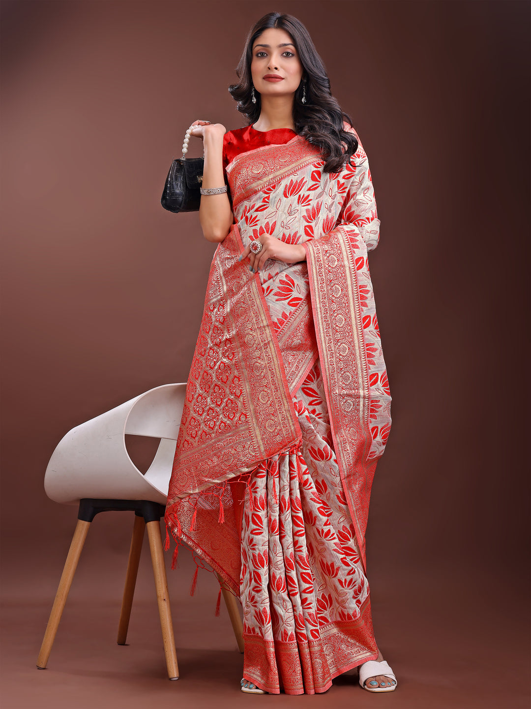 Red Colour Linen Cotton Saree Printed Work With Blouse Piece