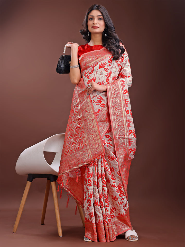 Red Colour Linen Cotton Saree Printed Work With Blouse Piece