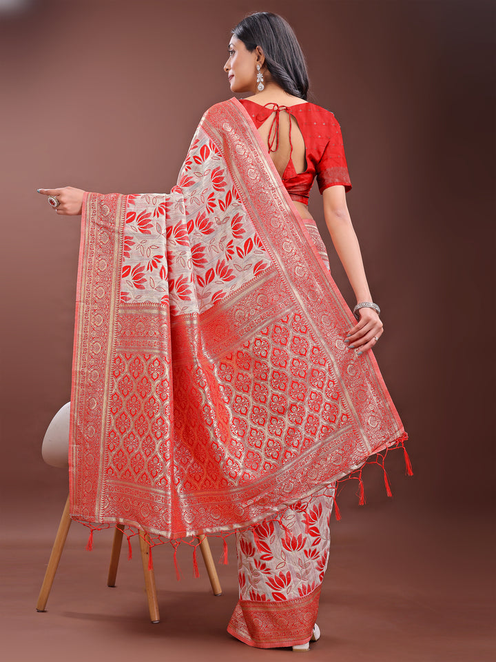 Red Colour Linen Cotton Saree Printed Work With Blouse Piece