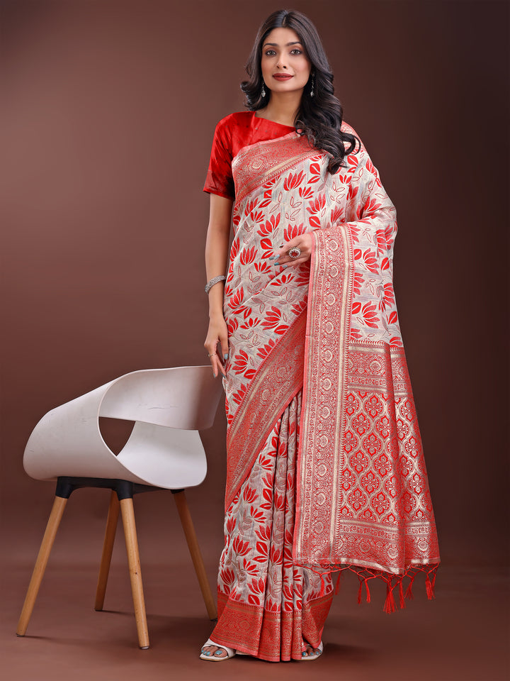 Red Colour Linen Cotton Saree Printed Work With Blouse Piece
