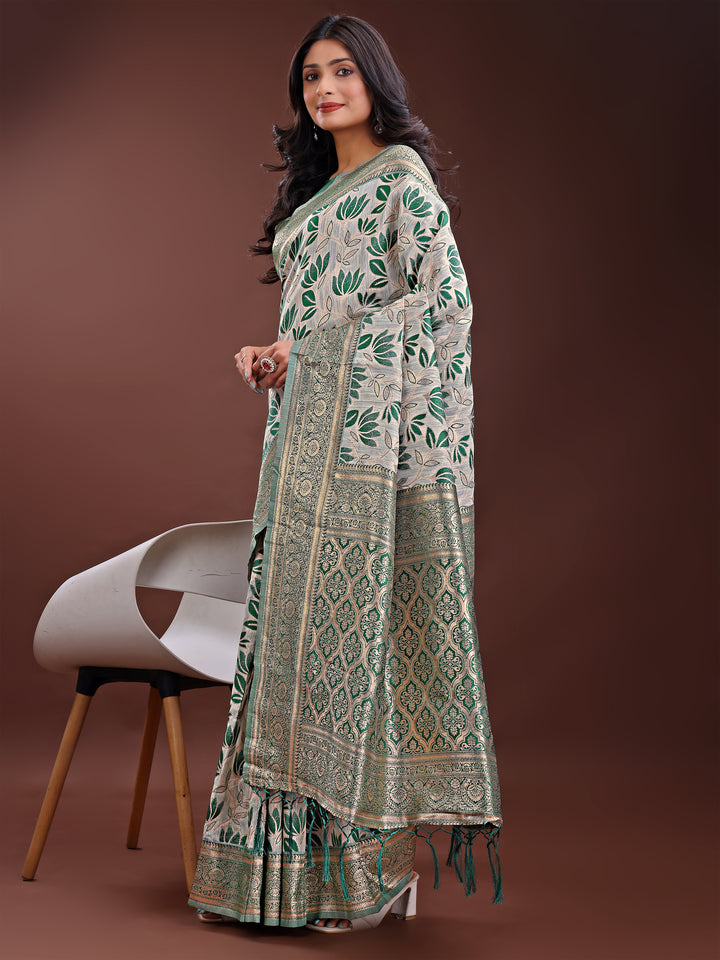 Green Colour Linen Cotton Saree Printed Work With Blouse Piece