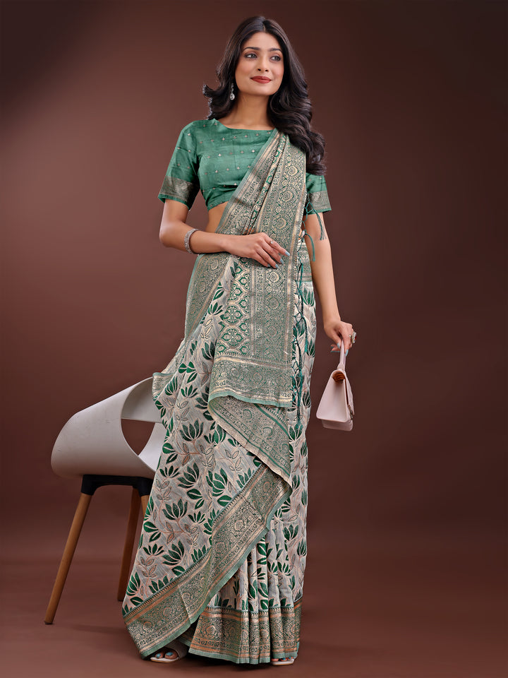 Green Colour Linen Cotton Saree Printed Work With Blouse Piece