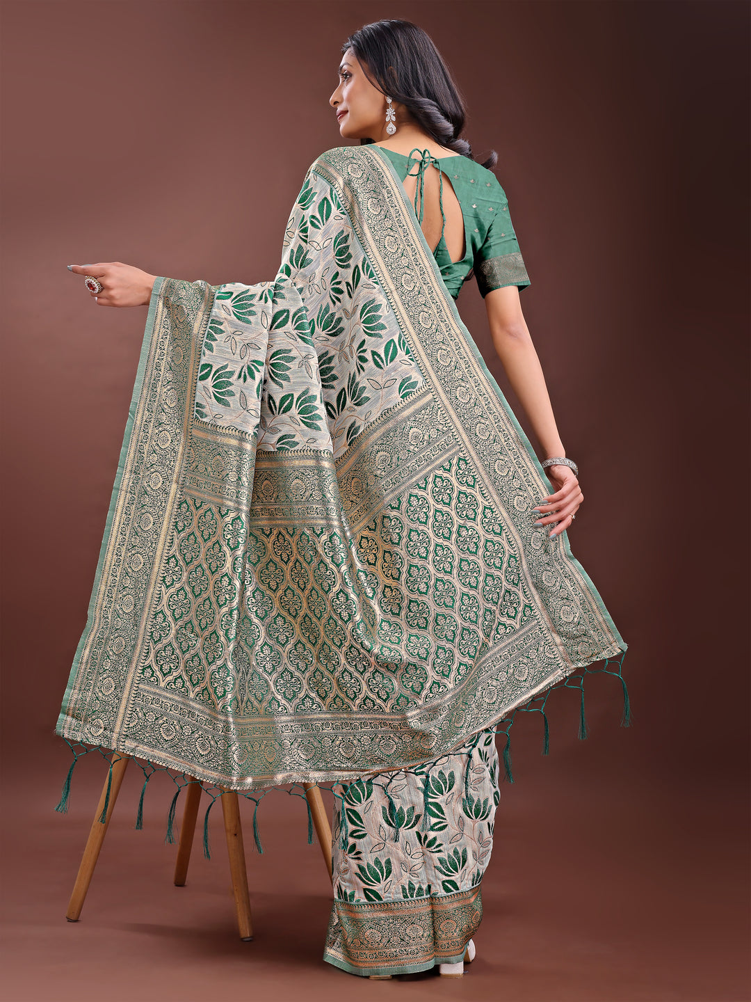 Green Colour Linen Cotton Saree Printed Work With Blouse Piece