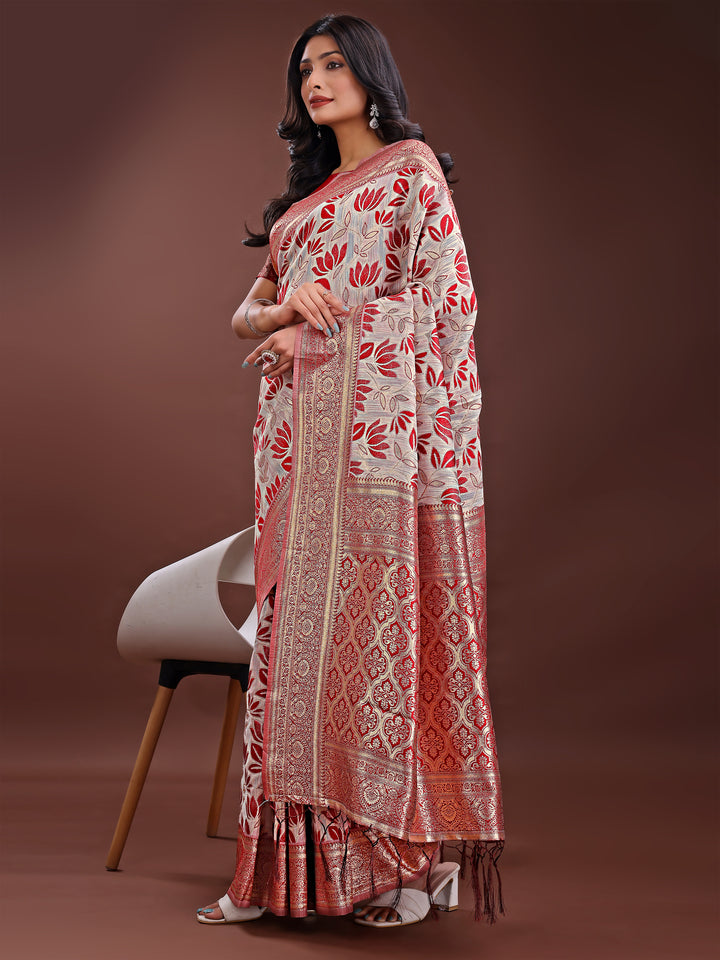 Maroon Colour Linen Cotton Saree Printed Work With Blouse Piece