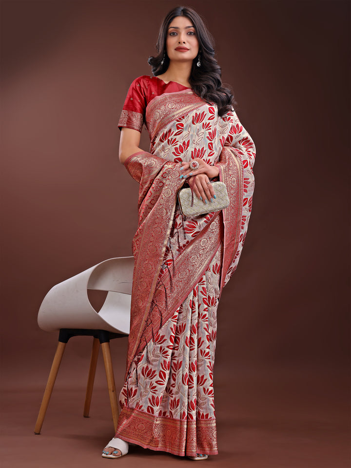 Maroon Colour Linen Cotton Saree Printed Work With Blouse Piece