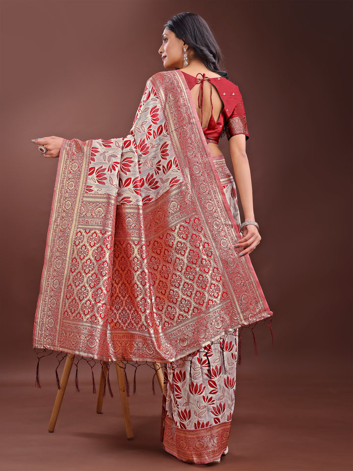 Maroon Colour Linen Cotton Saree Printed Work With Blouse Piece